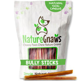 Nature Gnaws front packaging displaying three 11–12" bully sticks and low-odor benefit