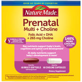 Nature Made front packaging showing prenatal and choline bottles with clear benefits