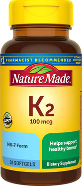 Nature Made envase frontal de Vitamina K2 100 mcg mostrando tamaño y etiqueta