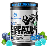Natures Aid front bottle view showing blueberry creatine gummies and certification benefits