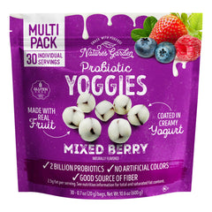 Nature's Garden empaque frontal de Yoggies mostrando caja y paquetes, conveniencia inmediata