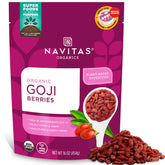 Navitas Organics embalaje frontal de bayas de goji mostrando sello orgánico y tamaño