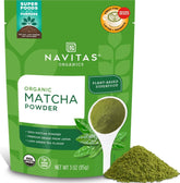 Navitas Organics empaque frontal mostrando matcha orgánico y beneficios