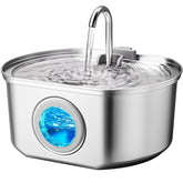 Neareal front view of stainless steel cat fountain showing sleek design and durability