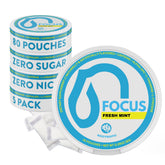 Nectr Focus+ front packaging showing fresh mint pouch and 5-count convenience