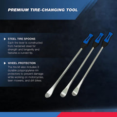 NEIKO tire spoon curved tip close-up highlighting hardened steel strength and leverage