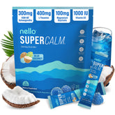 Nello front packaging showing blue coconut flavor and travel packets for portable calm