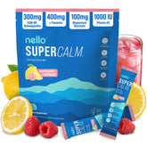 Nello SuperCalm front packaging showing raspberry lemonade flavor and benefits