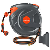 NEOTEC front view of wall-mounted reel showing tidy outdoor storage benefit
