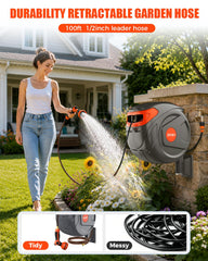 NEOTEC hose fully extended across yard demonstrating long 100ft reach benefit
