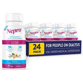 Nepro vanilla front packaging showing product and serving information benefit: clear renal-focused nutrition