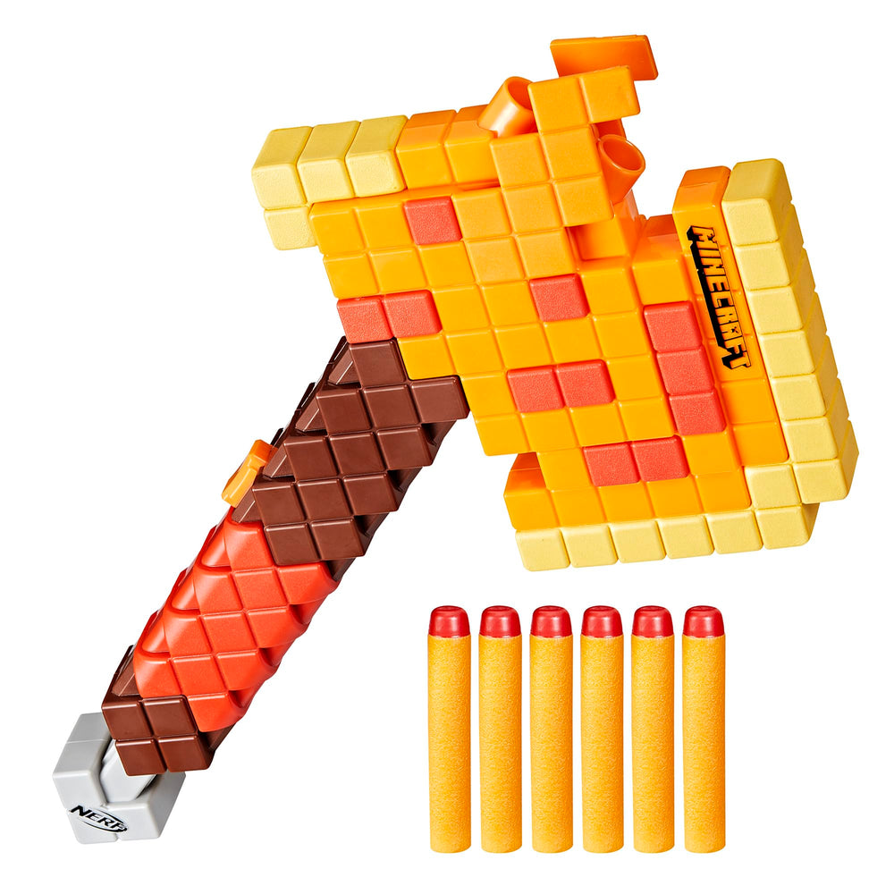 NERF Firebrand vista frontal mostrando diseño Minecraft y forma de hacha