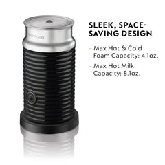 Nespresso Aeroccino 3 beside measuring cup showing capacity benefit: clear portion sizes