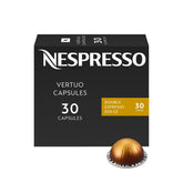 Nespresso pack front showing Double Espresso Dolce and 30-count convenience