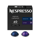 Nespresso Vertuo front packaging showing the 40-count variety pack benefit