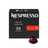 Nespresso Half Caffeinato front packaging showing 30-count pods and product benefit