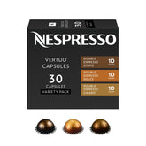 Nespresso Vertuo front pack showing 30 pods and variety benefits