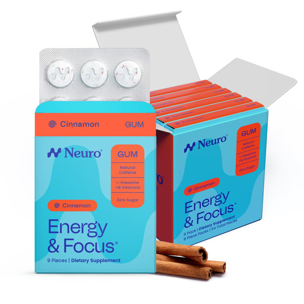 Neuro cinnamon front packaging showing 54-count and energizing benefits