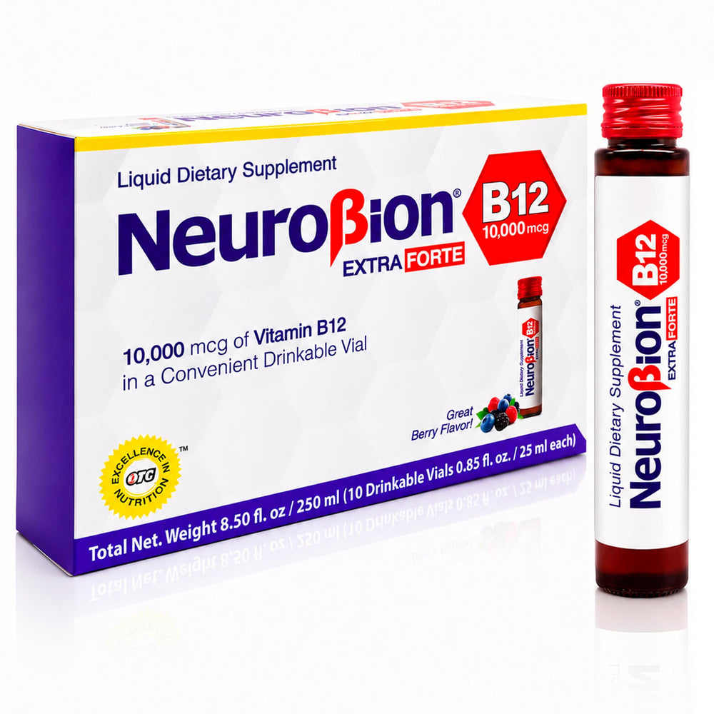 Neurobion vial frontal mostrando etiqueta clara y dosificación