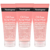 Neutrogena front packaging showing three pink grapefruit scrub tubes and clear labeling for daily acne care