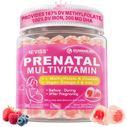 NEVISS front package showing mixed-berry prenatal gummy bottle and benefits