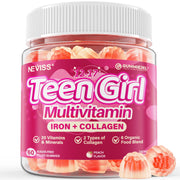 NEVISS front packaging showing teen gummy bottle and benefits