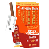 The New Primal front packaging showing buffalo chicken sticks and bold branding benefits portability