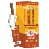 The New Primal front packaging showing 20-count rotisserie chicken sticks and benefits