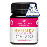 NEW ZEALAND HONEY CO front jar showing UMF 20 seal and clear branding, assures potency