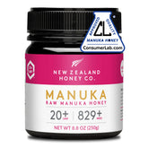 NEW ZEALAND HONEY CO front label showing UMF 20+ authenticity and premium quality