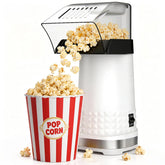 Neximvanuxn front view of white popcorn popper showing compact design and controls for space-saving convenience