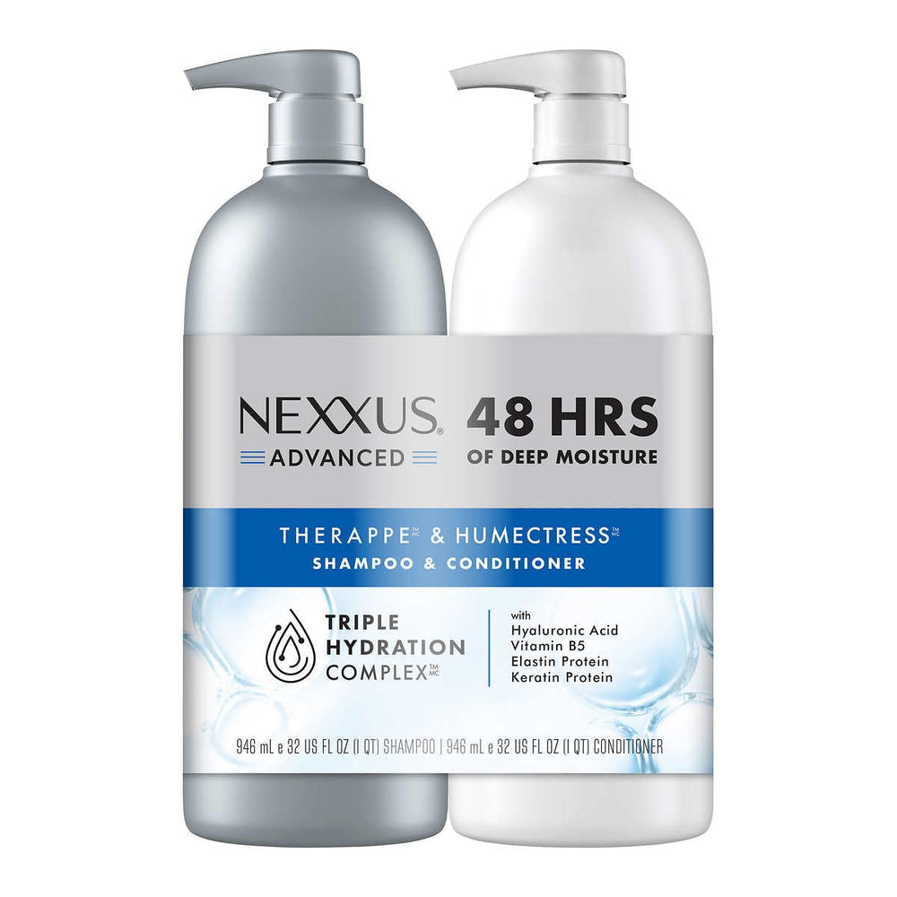 Nexxus pack frontal 32 oz mostrando botellas y etiqueta hidratación avanzada