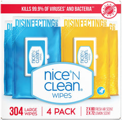 Nice 'N Clean frente del paquete mostrando cantidad y fragancia beneficios prácticos