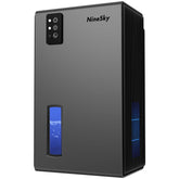 NineSky front view showing compact grey dehumidifier and benefits of small footprint