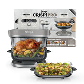 Ninja Crispi Pro frontal mostrando diseño de vidrio y beneficio de visibilidad al cocinar