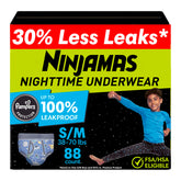 Ninjamas front packaging S/M 88ct showing product benefits and count