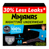 Ninjamas front packaging showing size L and 68 count benefit: clear product info