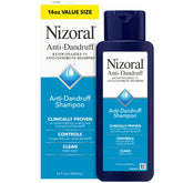 Nizoral front packaging showing brand and 14 fl oz size and fresh scent benefit