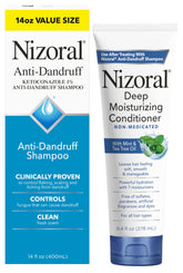 Nizoral pack frontal mostrando champú y acondicionador para control de caspa