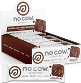 No Cow front packaging showing chocolate fudge brownie flavor and benefits