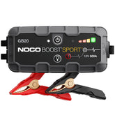 NOCO GB20 vista frontal con abrazaderas mostrando rápido arranque