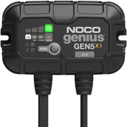NOCO GEN5X1 front view showing compact charger and labels, durable design benefit