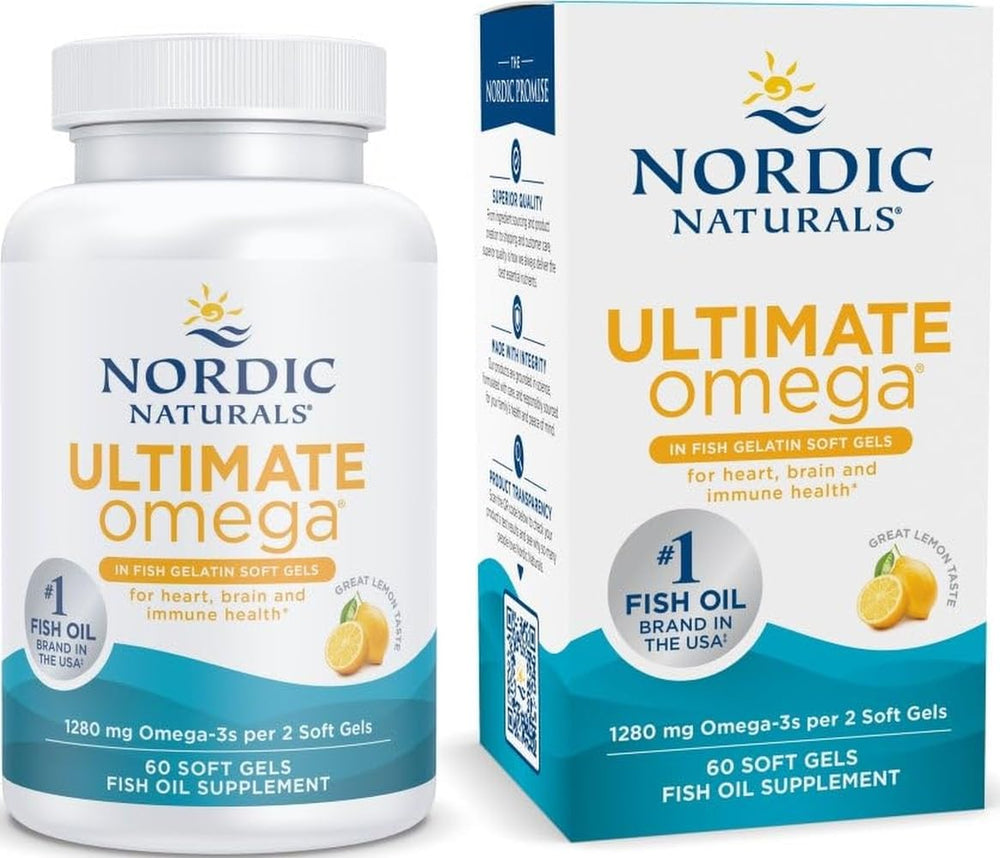Nordic Naturals frente del envase mostrando 60 cápsulas y beneficio de omega-3 concentrado
