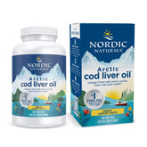Nordic Naturals envase frontal Arctic Cod Liver Oil limón mostrando información clave y beneficio de omega-3