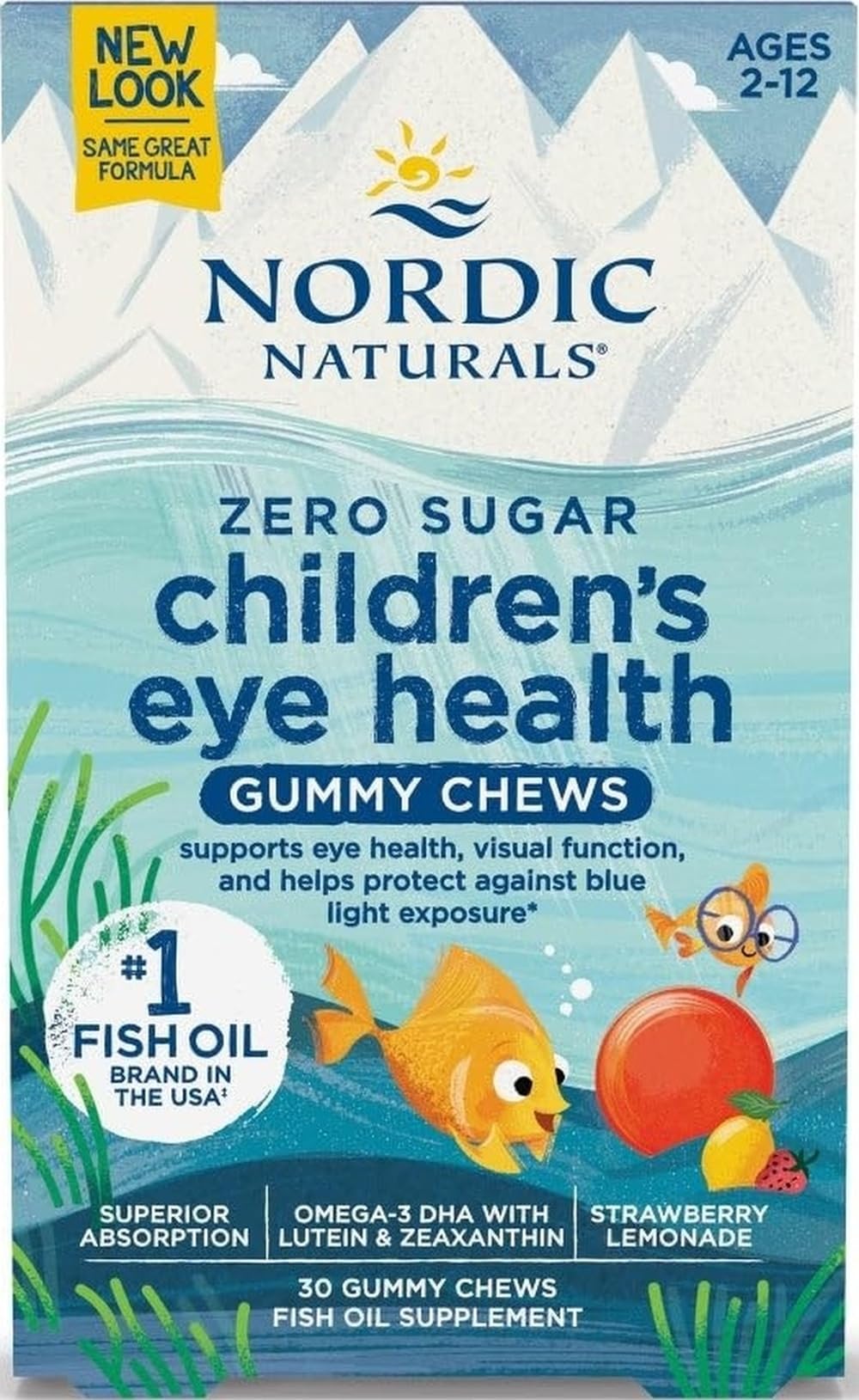 Nordic Naturals frasco frontal mostrando gomitas y beneficios visuales