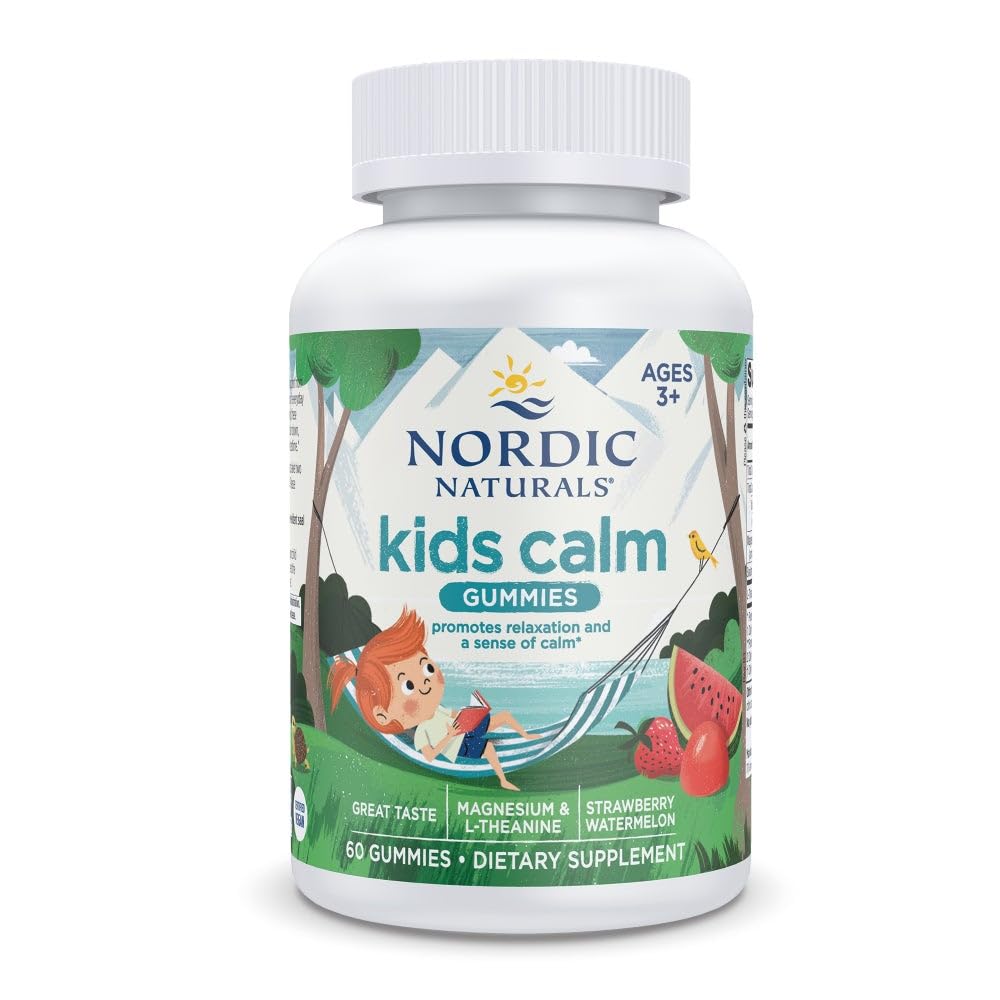 Nordic Naturals frasco frontal mostrando 60 gomitas calmantes y beneficio práctico