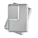 Nordic Ware half sheet front view showing durable aluminum and large baking surface
