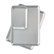 Nordic Ware half sheet front view showing durable aluminum and large baking surface