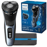 Philips Norelco 3600 front view showing sleek storm blue finish and ergonomic grip benefit