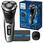 Norelco 3900 front view in storm blue showing ergonomic handle for comfortable grip